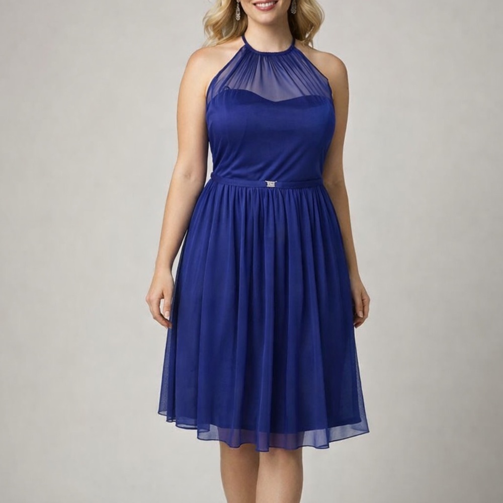 NWT Marina cocktail dress Blue Rhinestone detail belt sheer overlay Sz 16 - Picture 3 of 12